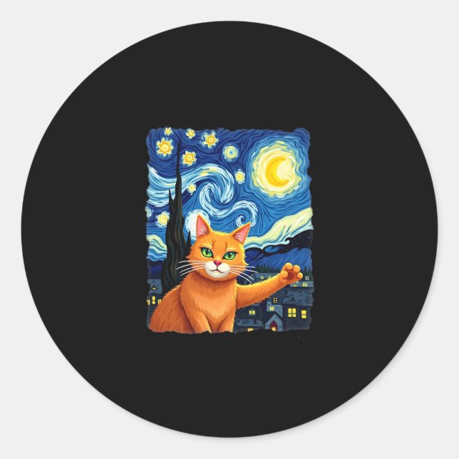 Sticker Rond Orange Chat Selfie Starry Night Chat Maman Amoureu (Devant)