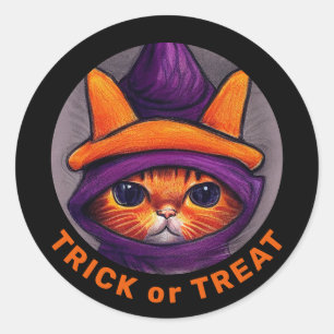 Sticker Rond Orange Chat Violet Sorcière Casquette Treat Hallow