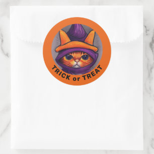 Sticker Rond Orange Chat Violet Sorcière Casquette Treat Hallow