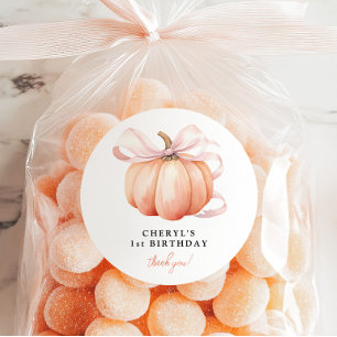 Sticker Rond Orange Citrouille rose Bow 1er anniversaire