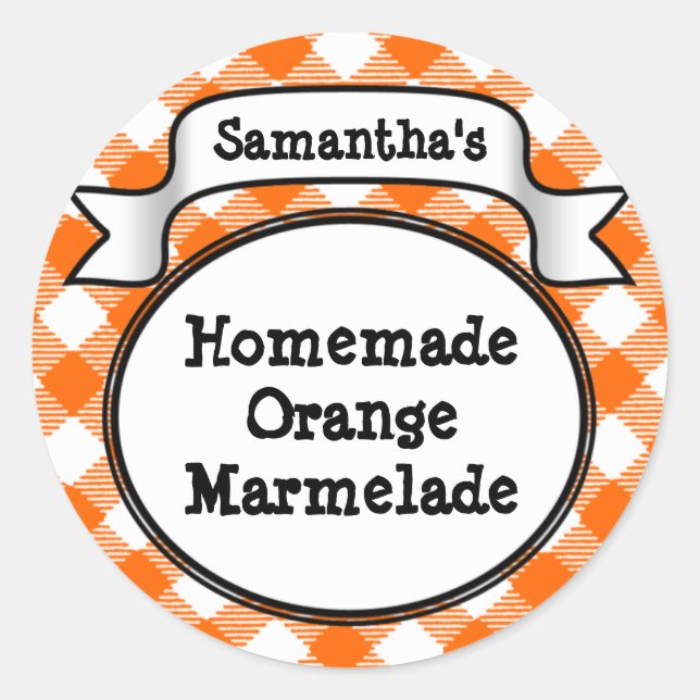 Sticker Rond Orange En vichy Marmelade, Jelly, Jam Jar/Lid Étiq (Devant)