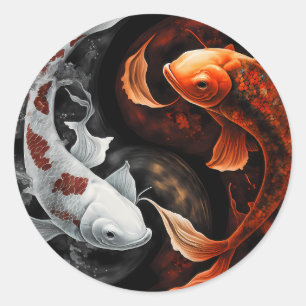 Sticker Rond Orange Et Blanc Lucky Koi Poisson Japon Art