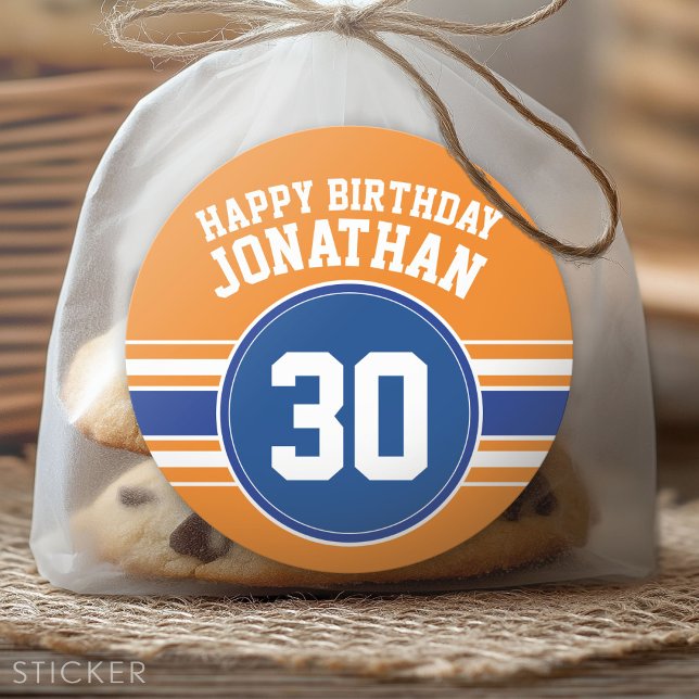 Sticker Rond Orange et Bleu Anniversaire Sports Thème (Custom Sticker)