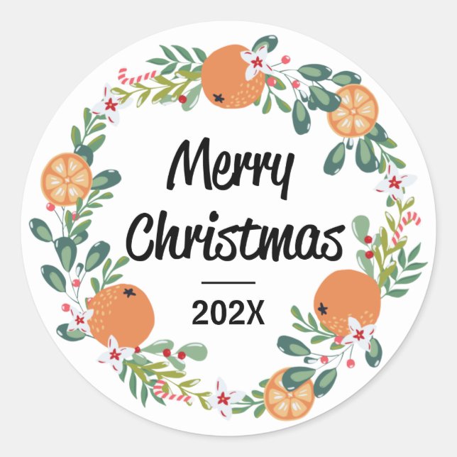 Sticker Rond Orange et Sucre de canne Joyeuse couronne de Noël (Devant)