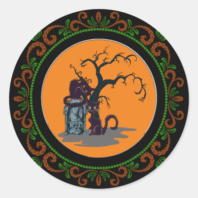 Sticker Rond Orange Green Chats Noirs Tombstone Tree Halloween (Devant)