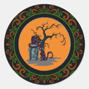 Sticker Rond Orange Green Chats Noirs Tombstone Tree Halloween