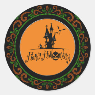 Sticker Rond Orange Green Happy Halloween Haunted House