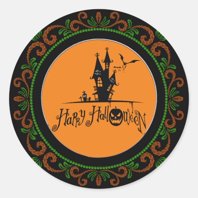 Sticker Rond Orange Green Happy Halloween Haunted House (Devant)