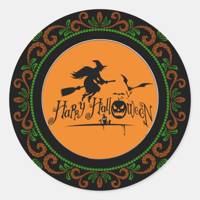 Sticker Rond Orange Green Joyeux Halloween sorcière et chauves- (Devant)
