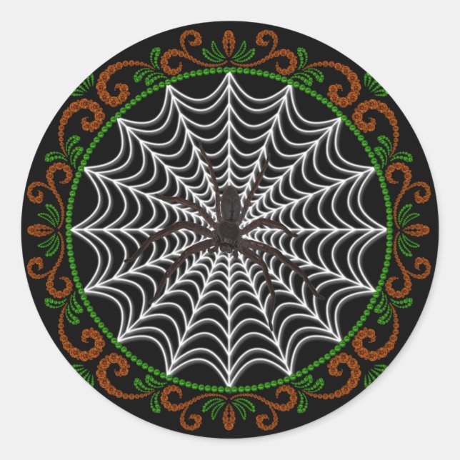 Sticker Rond Orange Green Spider Web et Black Spider (Devant)