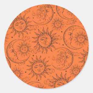 Sticker Rond Orange Magic Vintage Céleste Soleil Lune Étoiles