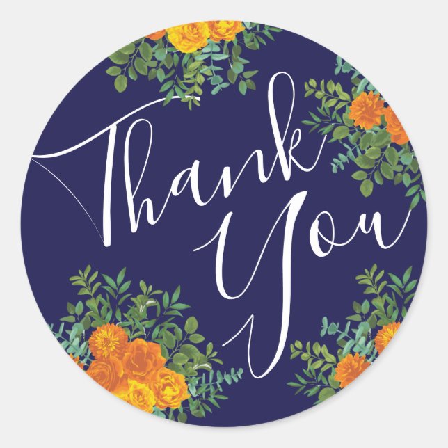 Sticker Rond Orange & Marine Blue Peony & Rose Floral Mariage (Devant)