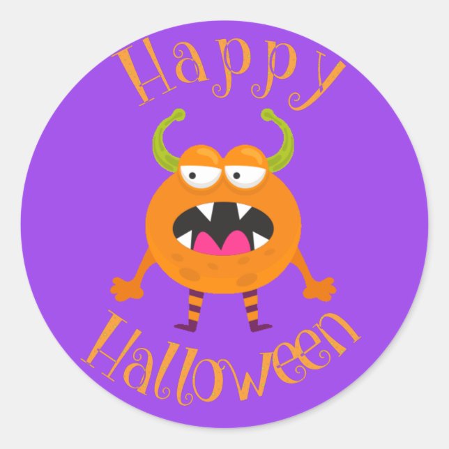 Sticker Rond Orange Monster Fun Kids Halloween Party (Devant)