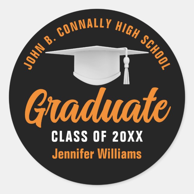 Sticker Rond Orange noir Graduation Personnalisée 2025 Graduate (Devant)