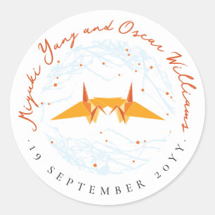 Sticker Rond Orange Origami Papier Grues Branches Mariage asiat