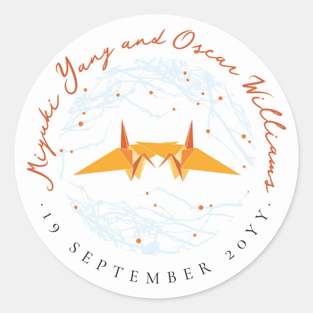 Sticker Rond Orange Origami Papier Grues Branches Mariage asiat (Devant)