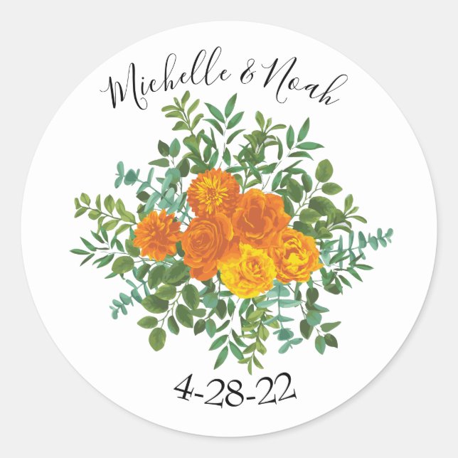 Sticker Rond Orange Rose Mariage Floral Moderne (Devant)