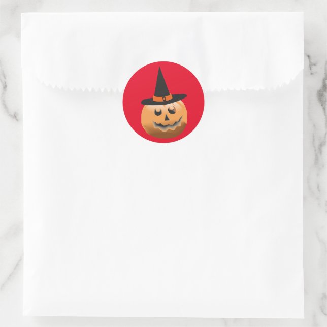 Sticker Rond orange rouge noir, sorcière citrouille halloween (Sac)