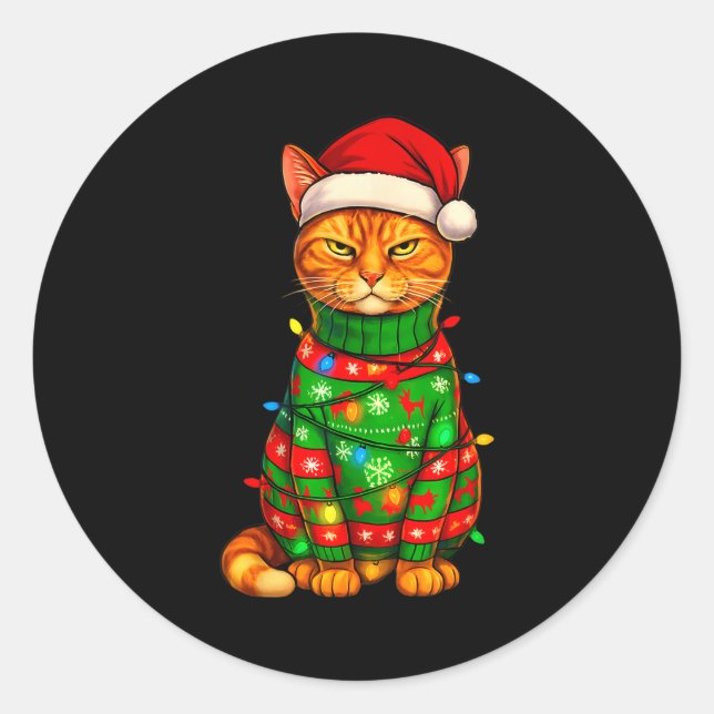 Sticker Rond Orange Tabby Cat Christmas Lights Funny Santa Holi (Devant)