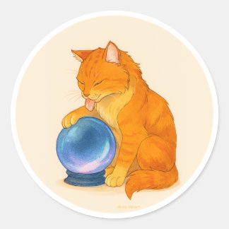 Sticker Rond Orange Tabby cat with blue crystal ball 