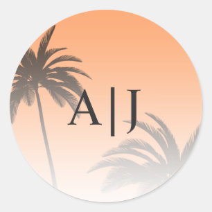 Sticker Rond Orange Tropical Palm Tree Beach Monogram Mariage
