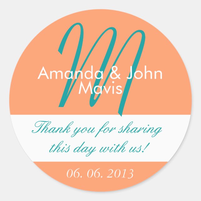 Sticker Rond Orange Turquoise Simple Premier Mariage Favoriser  (Devant)