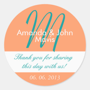 Sticker Rond Orange Turquoise Simple Premier Mariage Favoriser 