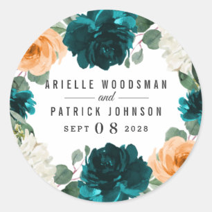 Sticker Rond Orange Turquoise Turquoise Bleu Élégant Mariage fl