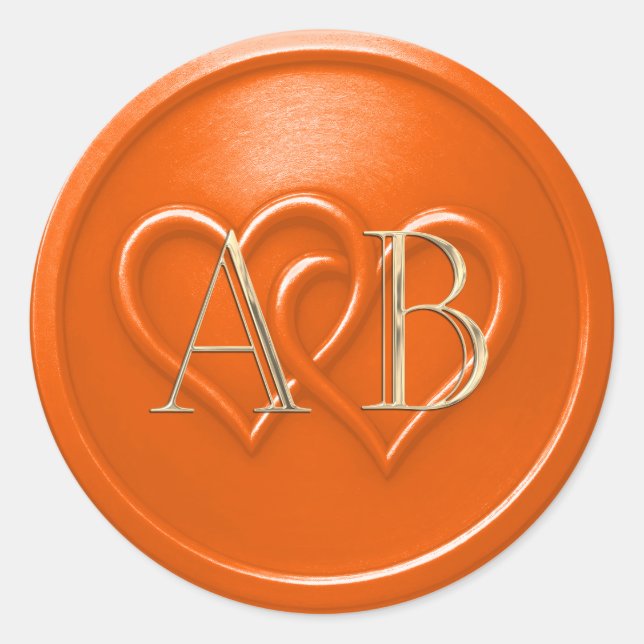Sticker Rond Orange Two Hearts Intertwined Monogram Wedding (Devant)