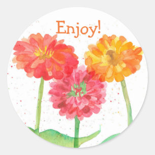 Sticker Rond Orange Zinnia Aquarelle Fleurs Profitez