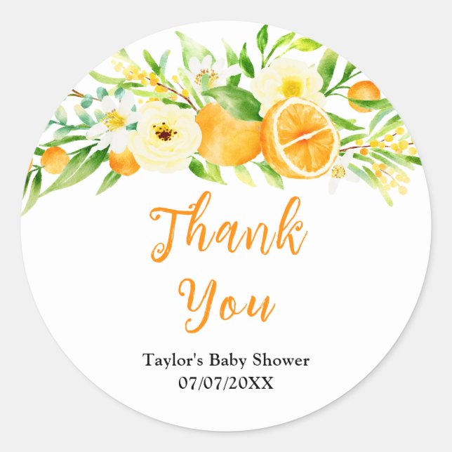 Sticker Rond Oranges Citrus Baby Shower Thank You (Devant)