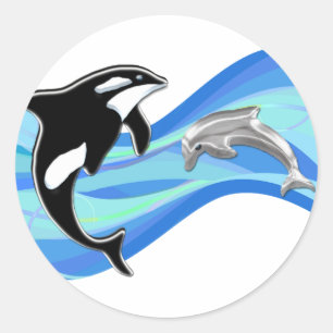 Sticker Rond Orca et dauphin dans les vagues