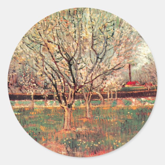 Sticker Rond Orchard en Fleur, Plum Trees par Vincent van Gogh (Devant)