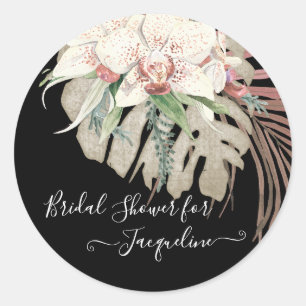 Sticker Rond Orchidée blanche Elégant noir Khaki Floral verdure