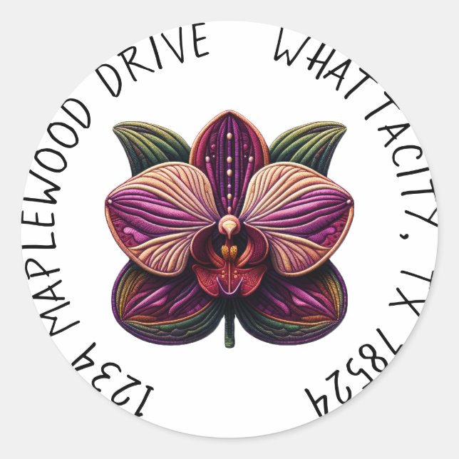 Sticker Rond Orchidée violette avec adresse de retour (Devant)