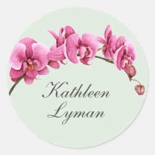 Sticker Rond Orchidées aquarelles rose chaud tropical avec nom
