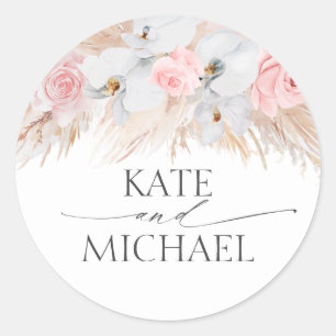 Sticker Rond Orchidées blanches et Pampas Mariage rose herbe