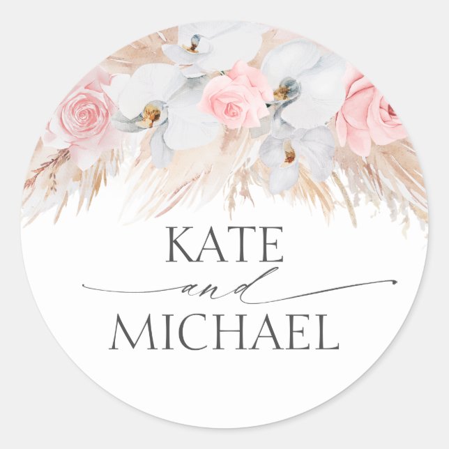 Sticker Rond Orchidées blanches et Pampas Mariage rose herbe (Devant)