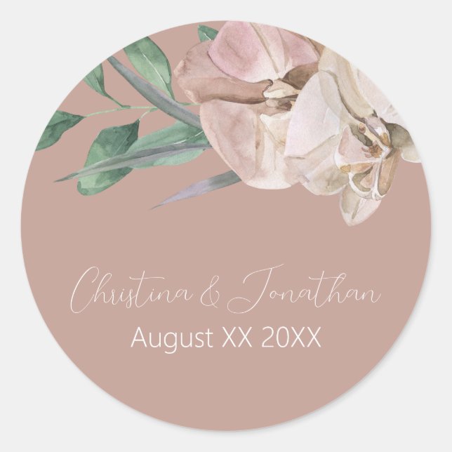 Sticker Rond Orchidées d'aquarelle romantique sur Dusty Blush (Devant)