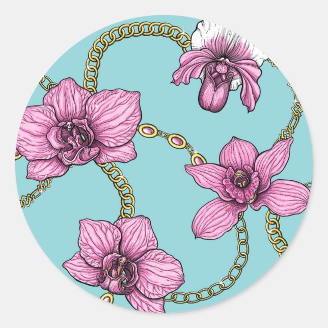Sticker Rond Orchidées et chaînes, roses et bleues (Devant)