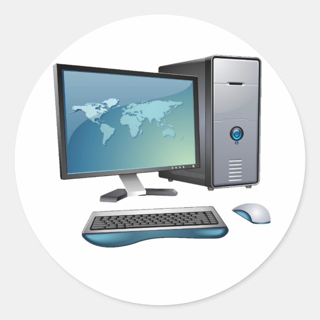 Sticker Rond Ordinateur de bureau avec moniteur, clavier et sou (Devant)