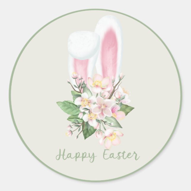 Sticker Rond Oreilles de lapin de Pâques et aquarelle Fleurs ro (Devant)