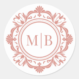 Sticker Rond Orné Floral Monogramme Mariage Élégant Rose Or