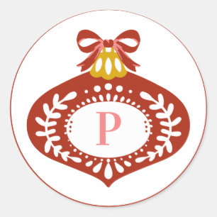 Sticker Rond Ornement de Noël Red Vintage   Monogramme