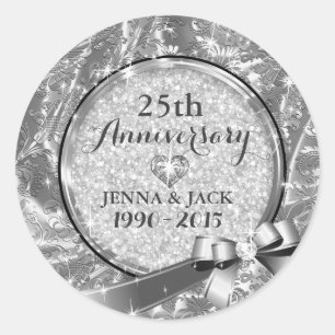 Sticker Rond Ornement du 25e anniversaire du Mariage Black & Si