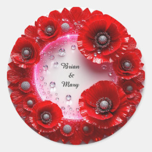 Sticker Rond Ornement Floral de Mariage avec Fleurs Rouges
