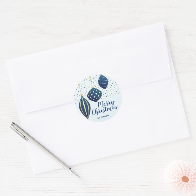 Sticker Rond Ornements de Noël Bleu Or PETITES Vacances (Enveloppe)