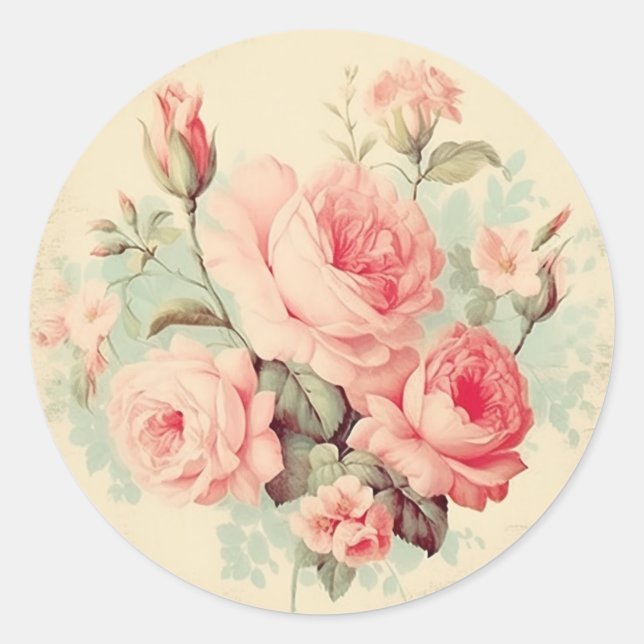 Sticker Rond Ornements Patinés, Shabby Chic Rose (Devant)