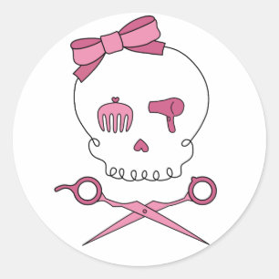Sticker Rond Os croisés accessoires de crâne et de ciseaux de