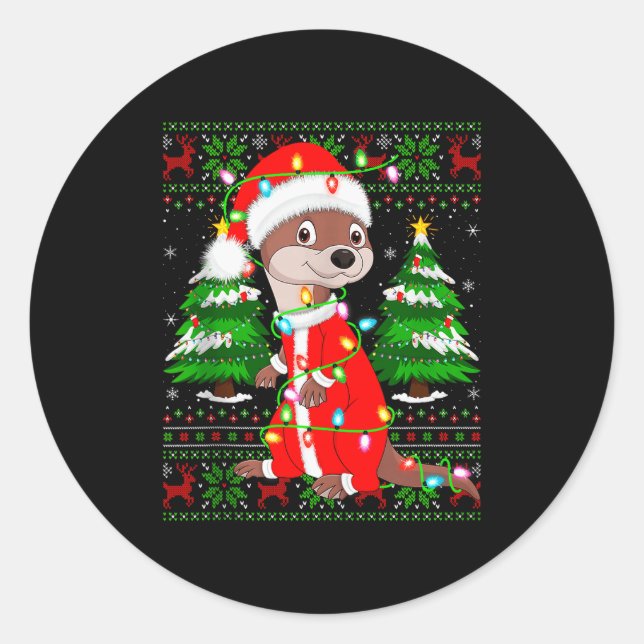 Sticker Rond Otter Christmas Lights Santa Costume Ugly Xmas Swe (Devant)